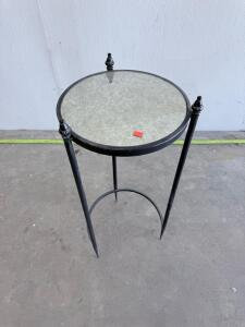 Black Metal and Glass Accent Table with Decorative Finials, 12-14" Diameter, 26-30" Height