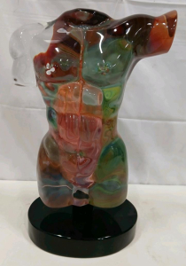 Murano Italy Hand-Blown Glass Male Torso Sculpture, Multi-Colored, 15 in Tall, Black Base