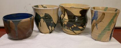 (4) Handmade Ceramic Planters with Multicolored Dripped Glaze, 5-7 in Diameter and Height