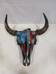 American Flag Painted Bison or Steer Skull Wall Art, Liberty Quote, Real Horns, 22-30 Inches Wide