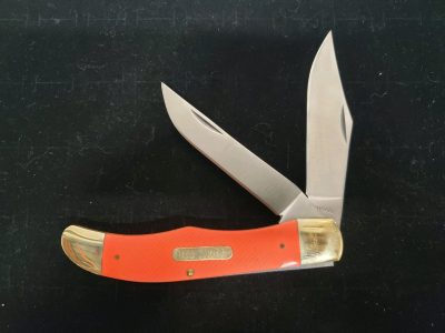 Old Timer Large Stockman Folding Knife Red Handle Brass Bolsters, Schrade Blades, Slip Joint