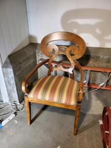 Empire Style Ornate Wooden Armchair &ndash; Striped Upholstery, Lyre Back, Carved Details, 24"x22"x36"