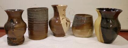 Set of 5 Handmade Stoneware Pottery Vases, Glazed Earth Tones, Assorted Shapes, 6&ndash;9 Inches High
