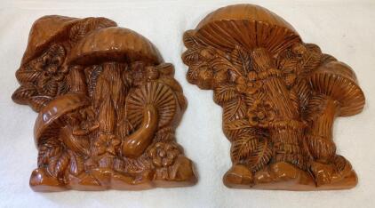 Vintage 1970s Mushroom & Floral Wall Plaques, Set of 2, (8"x10"), Brown Wood-Effect Finish