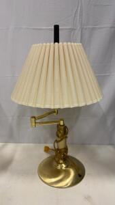 Brass Swing Arm Table Lamp with Pleated Cream Shade, Adjustable Arm, 20" Tall, E26 Socket