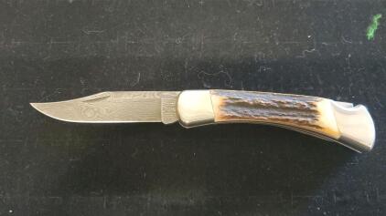 Damascus Stag Lockback Folding Knife, Clip Point Blade, Approx. 3.75" Blade, Nickel Silver Bolsters
