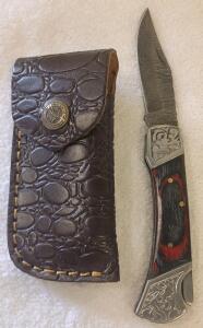 Decorative Damascus Folding Pocket Knife with Wood Handle and Leather Sheath