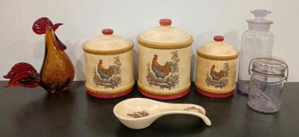 Farmhouse Rooster Ceramic Canister Set with Spoon Rest, Art Glass Rooster Figurine, Vintage Jars
