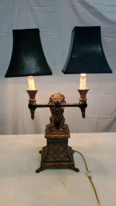 Vintage Double-Shade Table Lamp with Lion Motif, Antique Gold Finish, Black Textured Shades