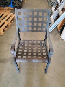 Metal Outdoor Patio Chair, Lattice Strap Design, Scrolled Arms, Powder-Coated Finish