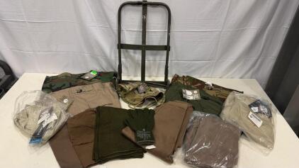 Military Surplus Clothing Lot: ALICE Pack Frame, Rothco Multicam Hat, Cold Weather Gloves, Pants