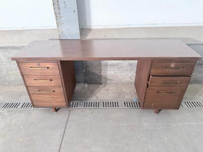 Large Double Pedestal Office Desk, 6 Locking Drawers, Dark Wood Veneer, Approx. 72" Wide