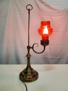 Antique Brass Electric Table Lamp with Red Glass Shade, 22-26" Tall