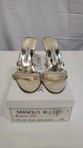Manolo Blahnik "Ballerii-BLK" Metallic Heeled Sandals, Size 37.5 EU, Original Box