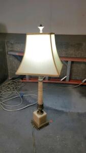 Neoclassical Marble Base Table Lamp with Brass Accents and Square Bell Shade