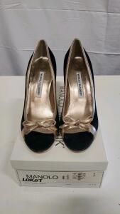 Manolo Blahnik Lokot 37.5 EU Black Suede Peep Toe Heels with Gold Bow