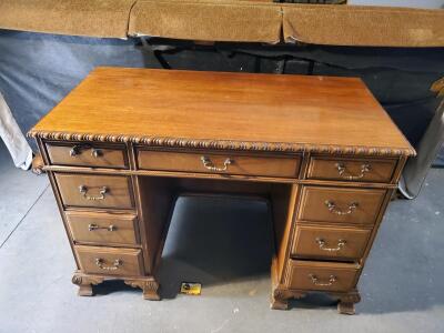 Vintage Wooden Office Desk with 7 Drawers, Brass Handles, and Carved Bracket Feet