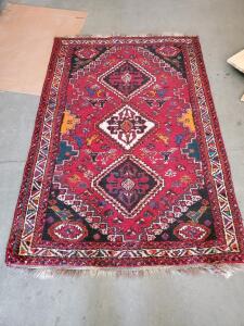 Hand-Knotted Persian Tribal Wool Rug, 5x3 ft, Geometric Diamond Medallion Pattern, Vintage Iran