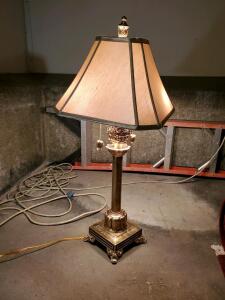 Traditional Brass Table Lamp with Ornate Base and Octagonal Fabric Shade