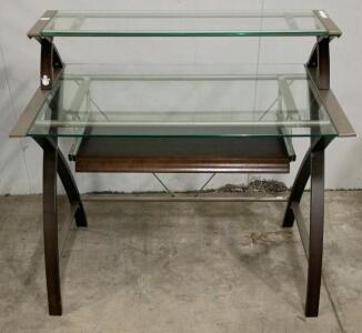 Glass Computer Desk with Raised Shelf, Slide-Out Keyboard Tray, Metal/Wood Frame, 48"x24"