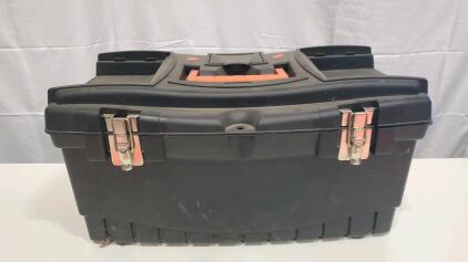 Large Plastic Toolbox with Metal Latches, Orange Handle, Removable Tray, Lid Organizers, 22"x11"x11"
