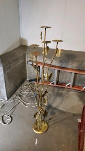 Elegant Brass 5-Arm Floor Candelabra, Vine & Leaf Design, 44" Tall, Mid-Century Hollywood Regency