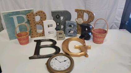 Mix of Large Decorative Letters "B" & "G", Wood/Resin, Rustic/Modern Finishes, Baskets, Wall Clock