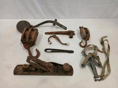 Mixed Antique Hand Tool & Hardware Lot: Block Plane, Double/Single Pulley, Climbing Harness, Hardware<br/><br/>(Sp-13)