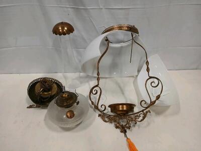 Antique Victorian Hanging Parlor/Library Oil Lamp with Ornate Brass Frame and Milk Glass Shade