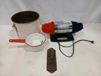 Vintage Dremel Electric Bench Buffer Polisher with Dual Buffing Wheels, Metal Bucket, Enamel Pan<br/><br/>(Sp-14)