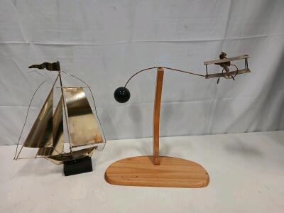 Mid-Century Brass Biplane Kinetic Mobile & Modernist Sailboat Metal Sculptures, Handcrafted