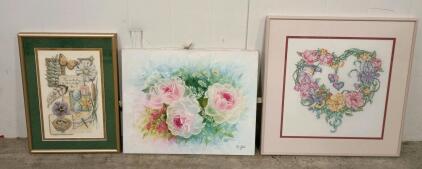 (3) Floral Wall Art Collection: Liz Slater 1987 Oil Painting & Cross-Stitch Framed Needlework 21"x21"-20"x15"
