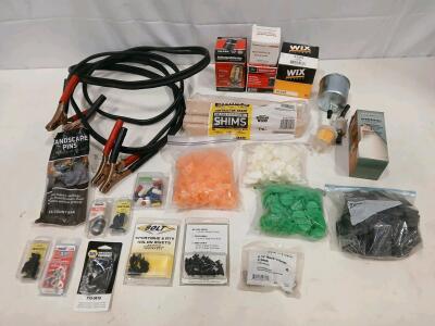 Assorted Automotive, Motorcycle, and Hardware Parts Lot - Rivets, Grease Fittings, Jumper Cables, <br/>Terminals<br/><br/>(R6)