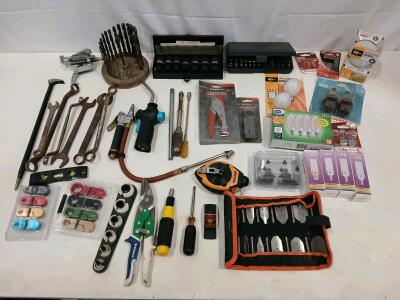 Mixed Hand Tool and Accessory Lot With Stanley FatMax Tape, Lenox Snips, Spade Bits, LED Bulbs<br/><br/>(R6)