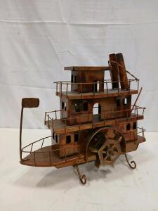 Metal Steamboat Sculpture &ndash; Decorative Paddle Wheel Boat, Rustic Patina, 16" Long, Metal Stand
