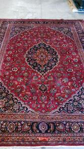 Handmade Persian Mashhad 12.7x9.8ft Area Rug, Wool Pile, Medallion, Iran, Signed "Kamey" (Perch)
