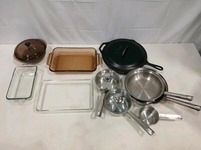 Mixed Lodge Cast Iron, Pyrex Bakeware, Stainless Cookware Lot &ndash; 11 Pieces, Lids Included<br/><br/>(Sp-6)