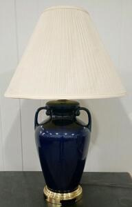 Navy Blue Ceramic Table Lamp with Brass Base and Pleated Off-White Fabric Shade, 30 in Height