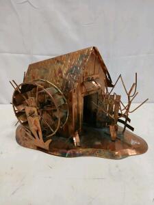 Handcrafted Copper Water Mill Sculpture &ndash; Tabletop Art w/ Water Wheel & Trees, 16" Long