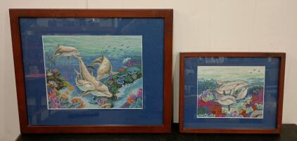 Framed Dolphin Reef Needlepoint Art Set &ndash; Handcrafted, Blue Mat, Solid Wood Frames, 24"x20", 16"x13"