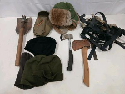 Vintage Military Shovel, Two Hatchets, Winter Gear Lot, US Canvas Pouch, Webbing Straps