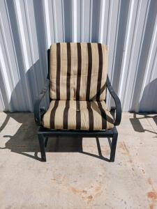 Outdoor Patio Chair &ndash; Metal Frame, Beige/Brown Striped Cushions, 32x28x36 in, Curved Arms