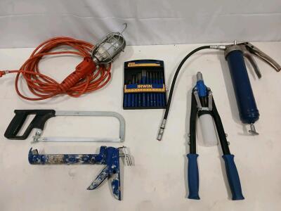 Mixed Hand Tool Set: IRWIN 12pc Chisel Set, Grease Guns, Rivet Gun, Caulking Gun, Work Light<br/><br/>(R8)