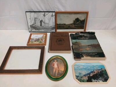Framed Corot Art Print (View near Epernon) + Vintage Art, Books & Tile Lot<br/><br/>(Bass)