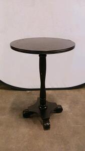 Antique-Style Round Pedestal Accent Table, Ornate Black Wood, Carved Floral Top, 28"x20"