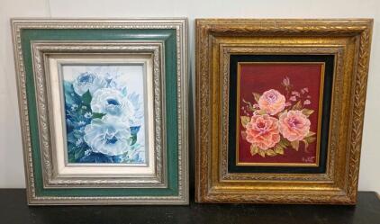 (2) Liz Slater Signed Framed Floral Paintings, Pink & Blue Roses, Ornate Wood Frames, 20"x16"