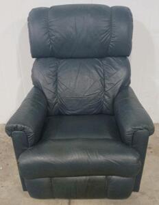 Large Blue Leather Manual Recliner Chair, Wooden Base, Plush Padded Arms & High Back 43"x32"x34"