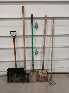 Assorted Yard Tools: Seymour S500 Shovel, Snow Shovel, Square Shovel, Edger, Garden Fork