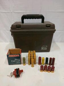 Mixed Lot of Federal 12 Gauge Shotgun Shells with Plano Ammo Box and Trigger Lock