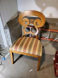 Empire Revival Style Wood Dining Chair, Ornate Scroll Back, Striped Upholstery, Carved Detail
